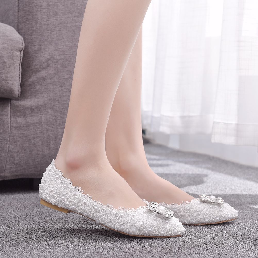 Women Pointed Toe Shallow Square Buckles Rhinestone Lace Wedding Flats