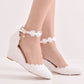 Women Pearls Lace Rhinestone Ankle Strap Wedge Heel Pumps