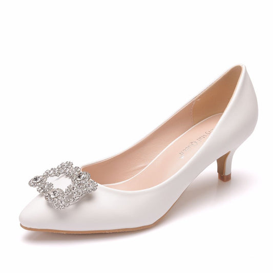 Women Stiletto Heel Pointed Toe Pumps Rhinestone Square Buckles Bridal Wedding Shoes