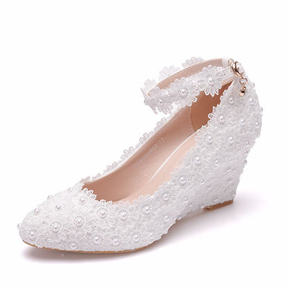 Pointed Toe Pearls Lace Shallow Ankle Strap Wedge Heel Women Pumps Wedding Shoes