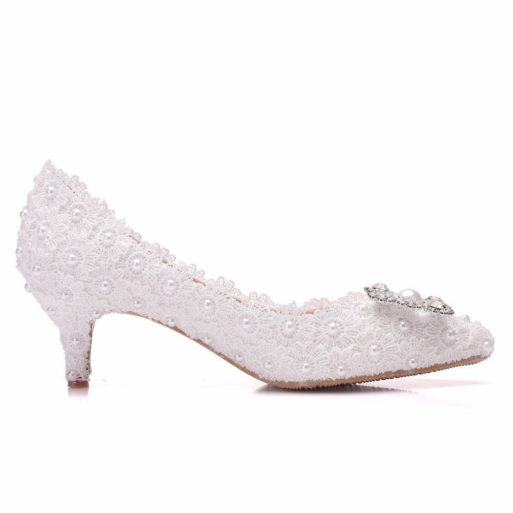 Women Stiletto Heel Pointed Toe Rhinestone Lace Beads Bridal Pumps Wedding Shoes