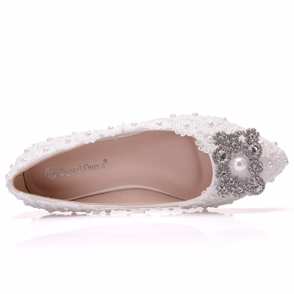 Women Pointed Toe Shallow Square Buckles Rhinestone Lace Wedding Flats
