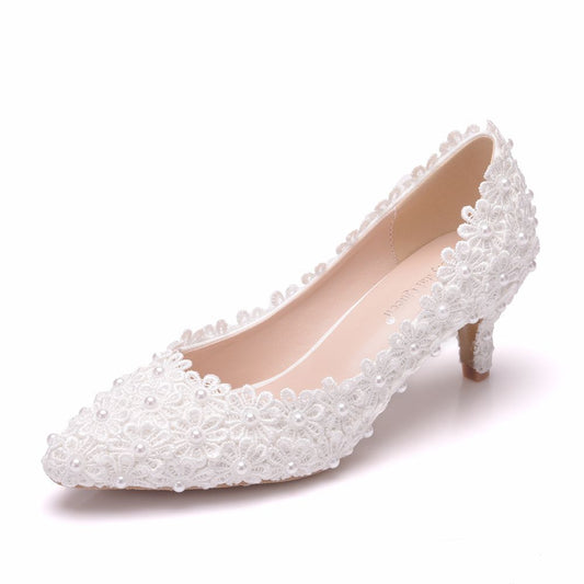 Women Pointed Toe Lace Flora Bridal Pumps Wedding Shoes