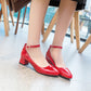 Thick Heel Buckle Shallow Ankle Strap Shoes Women Chunky Pumps