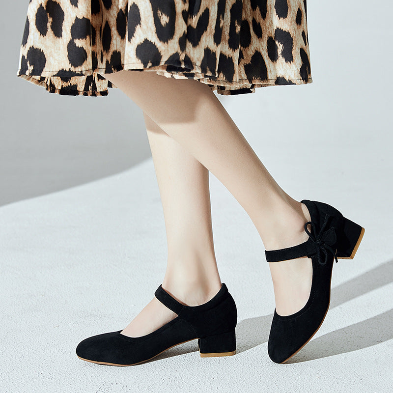 Shallow Toe Mary Janes Knot Women Chunky Pumps Shoes