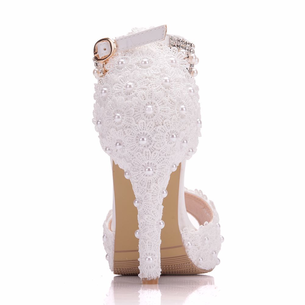 Women Lace Beads Stiletto Heel Peep Toe Bridal Wedding Platform Sandals