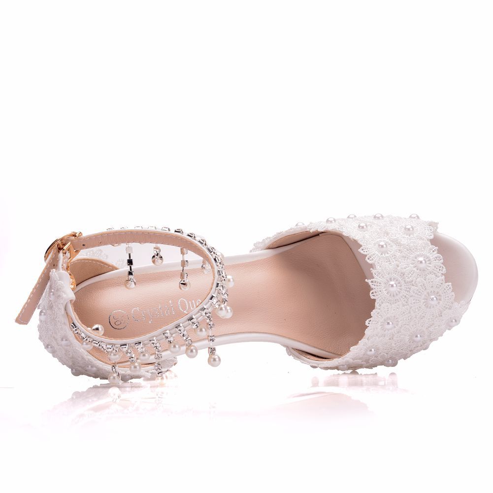 Women Lace Beads Stiletto Heel Peep Toe Bridal Wedding Platform Sandals