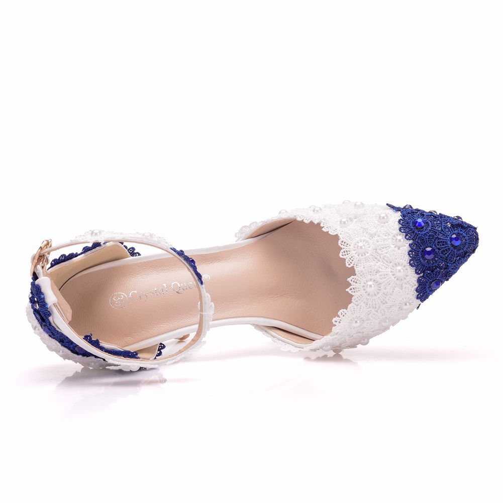 Women Bicolor Lace Stiletto Heel Pointed Toe Bridal Wedding Sandals