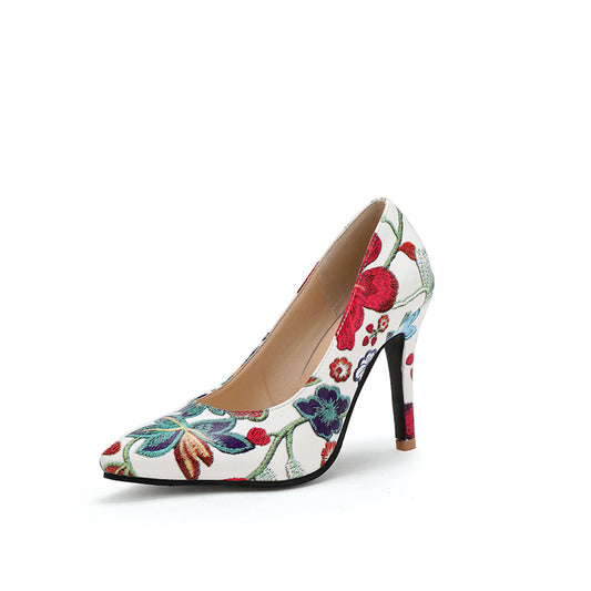 Pointed Toe Super High Heel Shallow Mouth Flower Printed Women Pumps Stiletto Heel Shoes