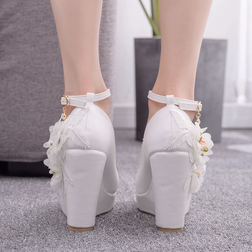 Women Round Toe Lace Flora Wedding Platform Wedge Heel Ankle Strap Pumps