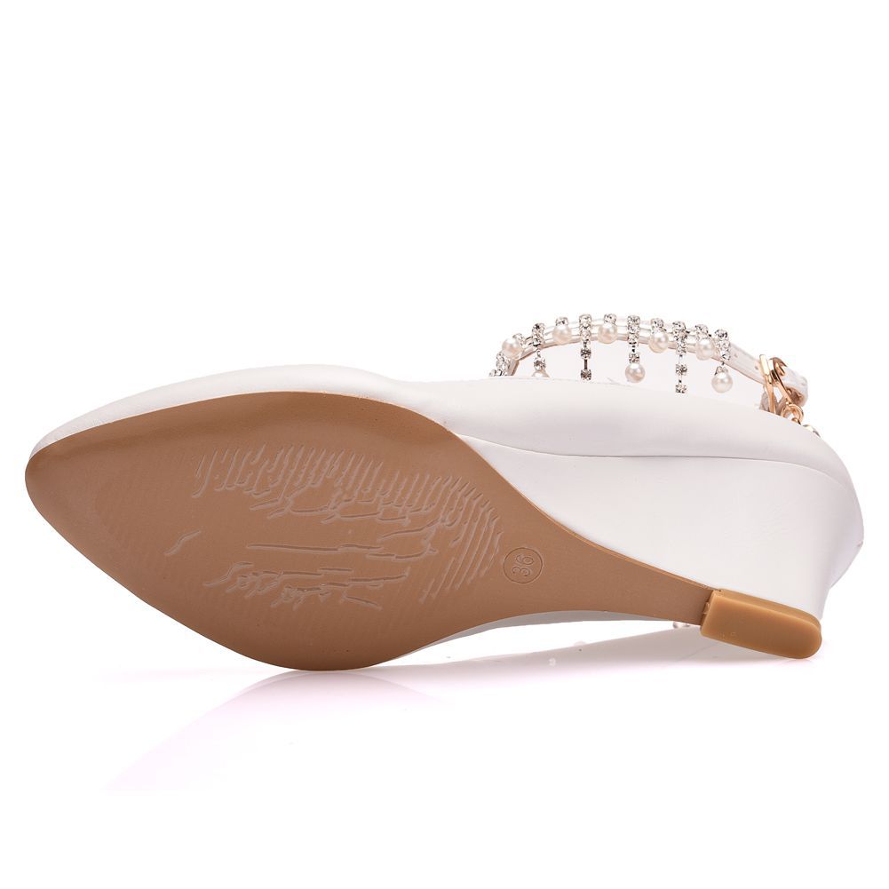 Shallow Pearls Rhinestone Tassel 7cm Wedge Heel Women Pumps Wedding Shoes