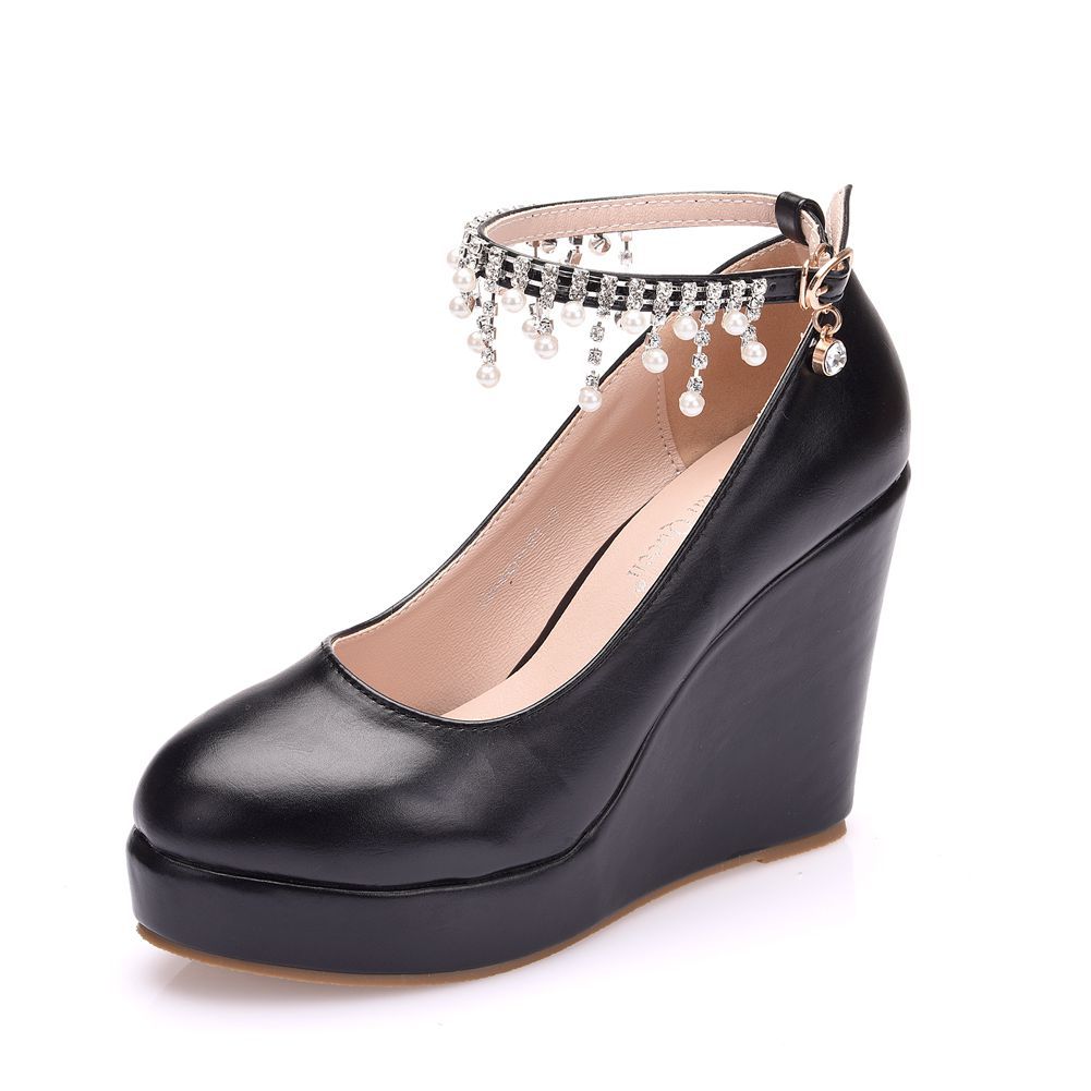 Women Round Toe Pearls Beads Tassel Wedge Heel Platform Pumps