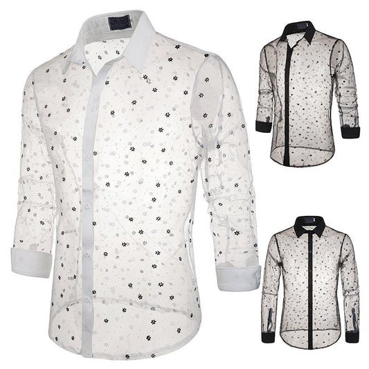 Men's Style Lace Transparent Style Snowflake Turndown Long Sleeves Shirts
