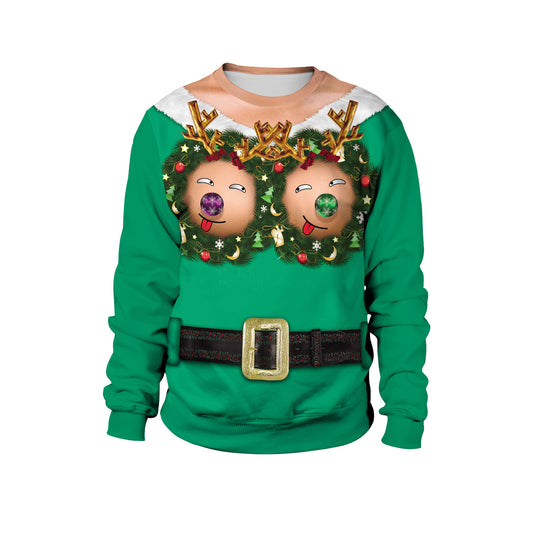 Christmas Spoof Chestless Print Personalized Round Neck Couple Sweater