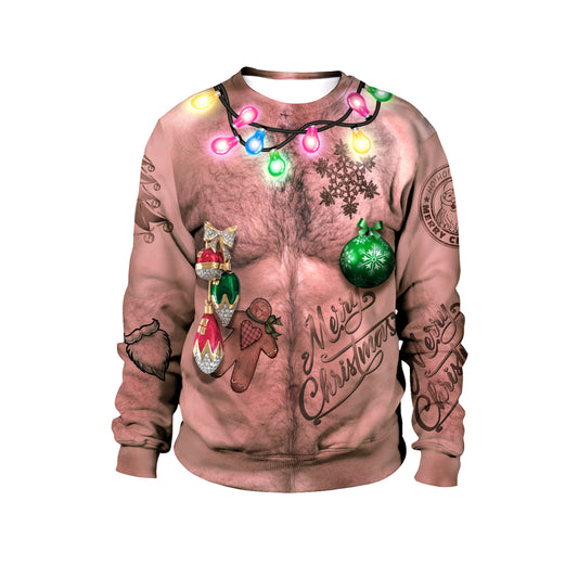 Christmas Sexy Navel Hair Print Pullover Round Neck Couple Sweater