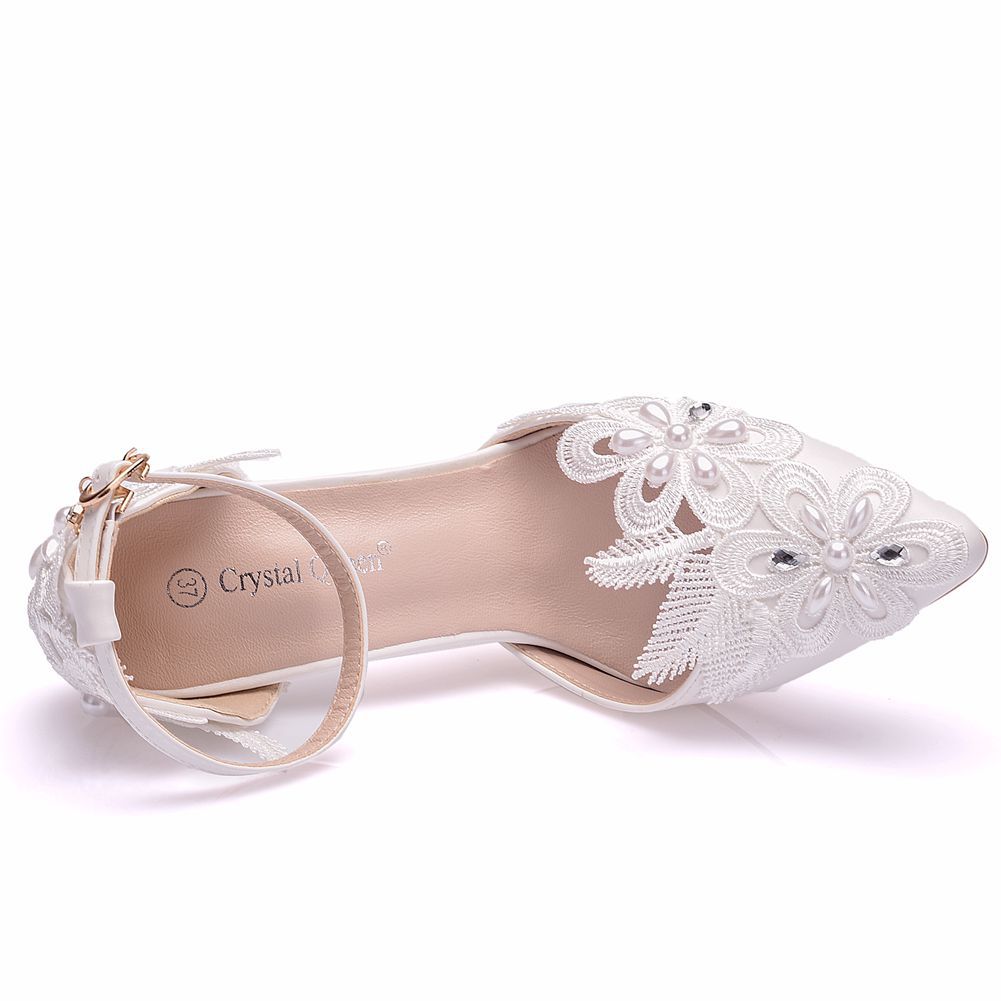 Women Lace Rhinestone Ankle Strap Pointed Toe Bridal Wedding Stiletto Heel Sandals