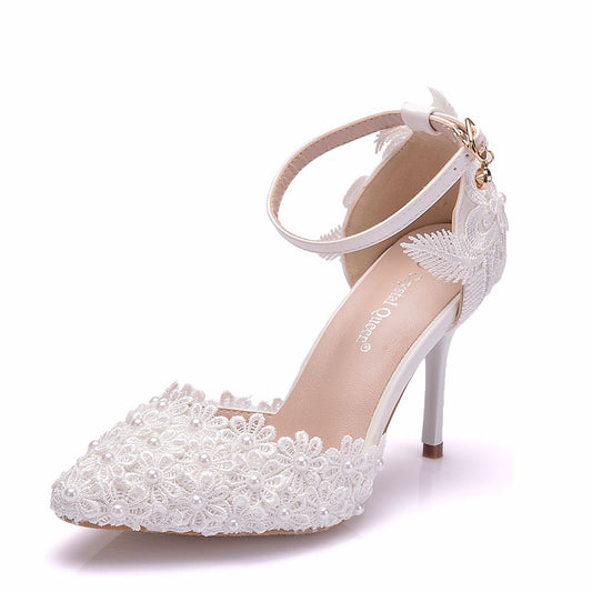 Women Lace Beads Ankle Strap Pointed Toe Bridal Wedding Shoes Stiletto Heel Sandals