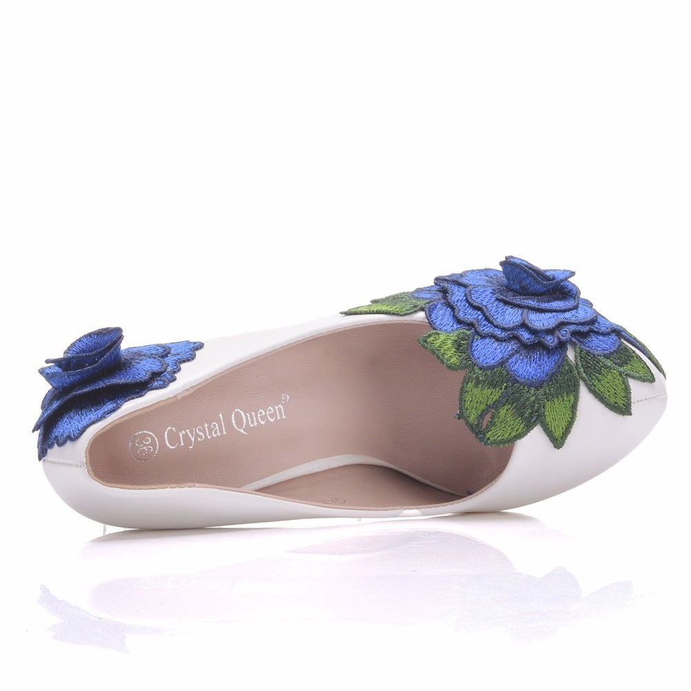 Women Round Toe Embroidery Flora Stiletto Heel Platform Pumps Wedding Shoes