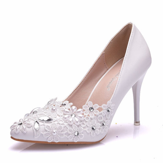 Women Rhinestone Pearl Flora Stiletto Heel Pumps Wedding Shoes