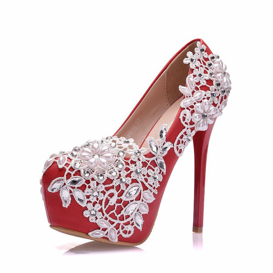 Women Round Toe Lace Beads Flora Stiletto Heel Platform Pumps Bridal Wedding Shoes