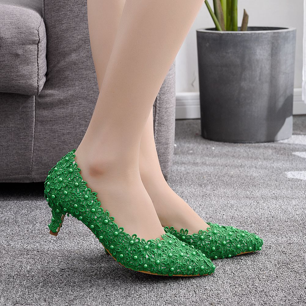 Women Lace Beads Bridal Wedding Shoes Pointed Toe Pumps Stiletto Heel