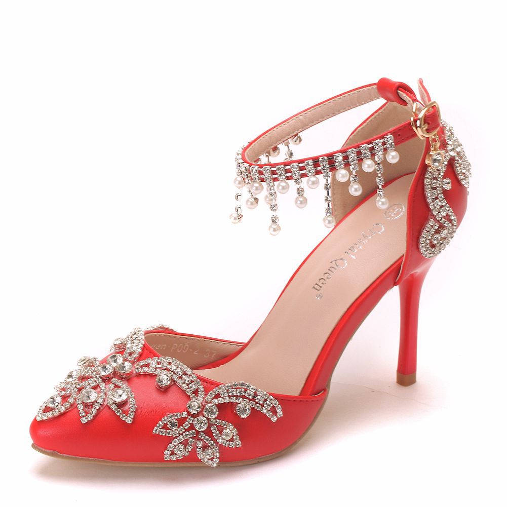 Women Pointed Toe Rhinestone Beads Tassel Bridal Wedding Shoes Stiletto Heel Sandals