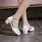 Women's Bow Pearl Mary Jane Mid Heels Sandals