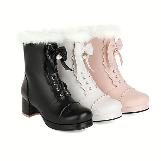 Women Bowtie High Heel Short Snow Boots