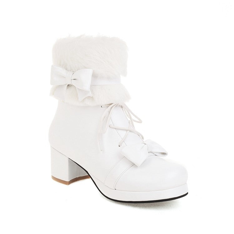 Women Bowtie Lace Up High Heel Short Snow Boots