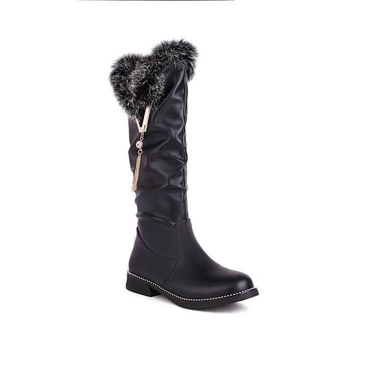 Women Zipper Fur Low Heel Mid Calf Boots