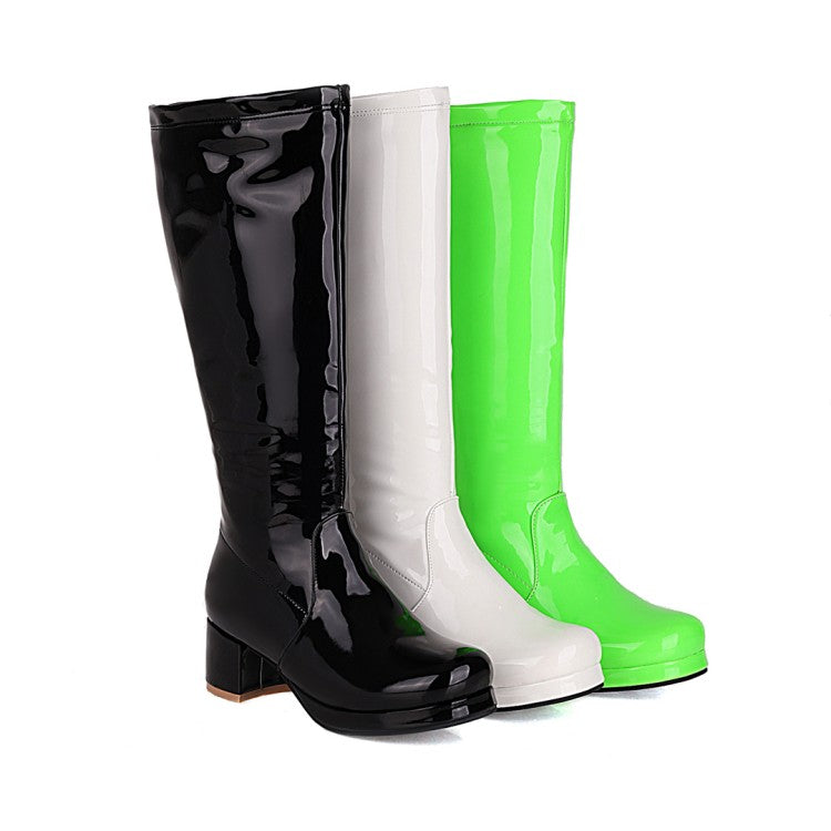 Women Patent Leather Block Heels Knee High Boots