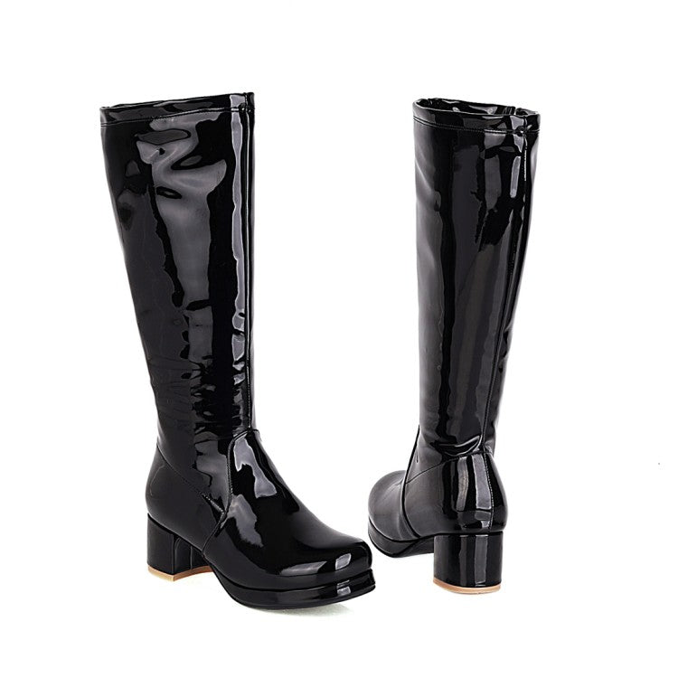 Women Patent Leather Block Heels Knee High Boots