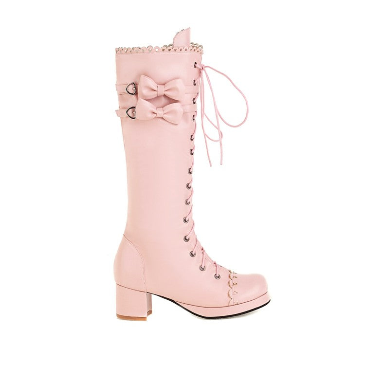 Women Lace Up Back Bow Heels Knee High Boots