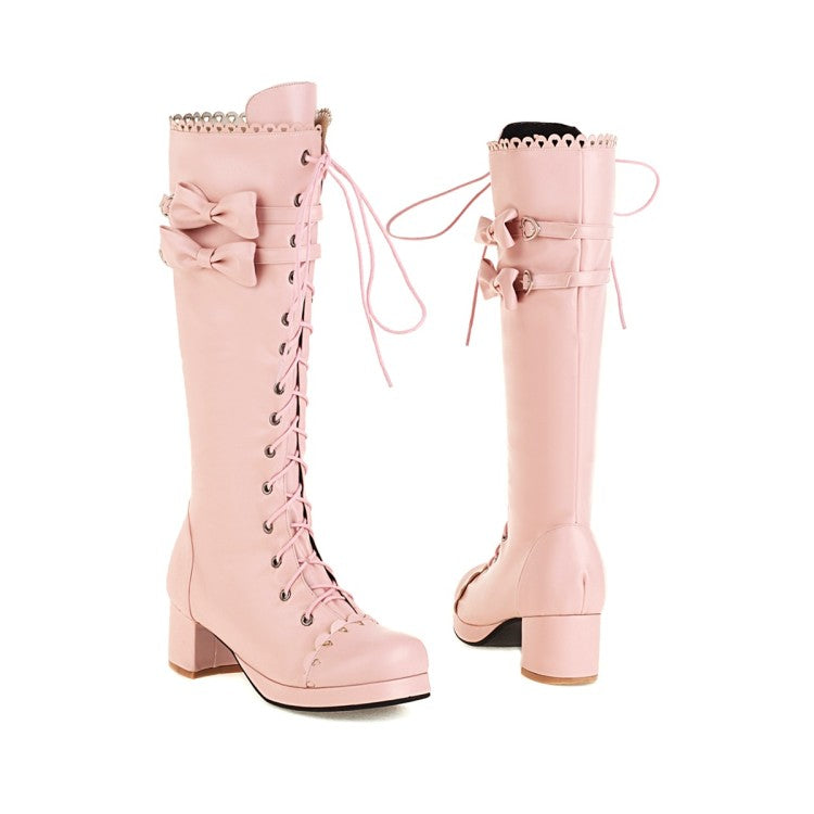 Women Lace Up Back Bow Heels Knee High Boots