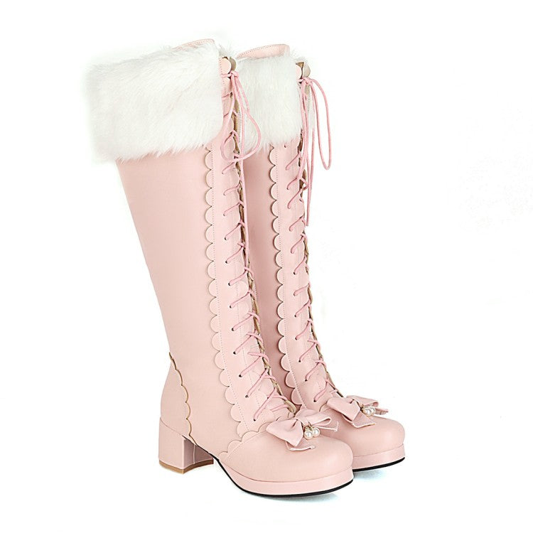 Women Fur Bow High Heels Knee High Snow Boots