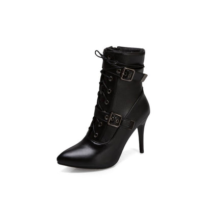 Pointed Toe Buckle Lace Up Women High Heel Short Boots
