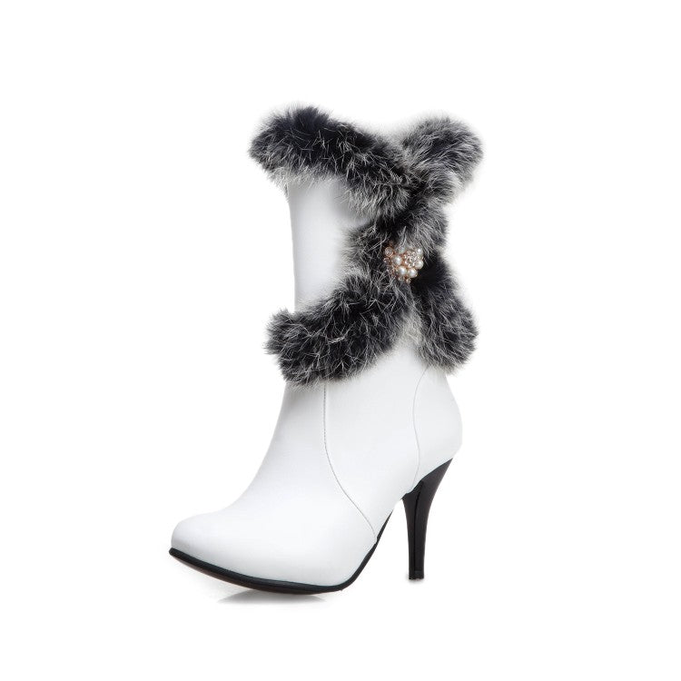 Women Rabbit Fur High Heel Short Boots