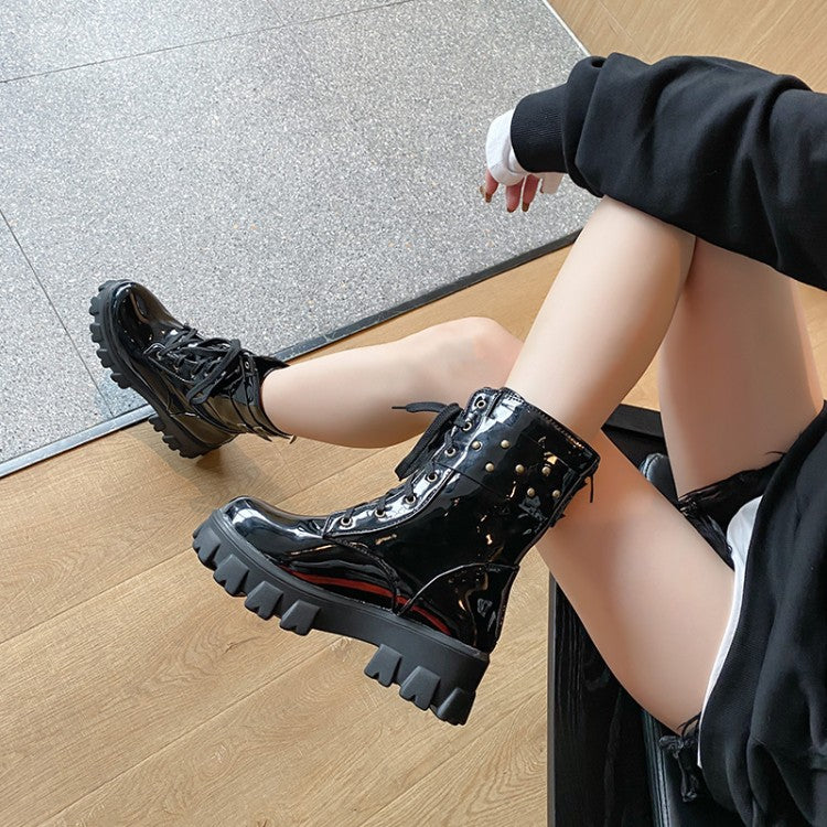 Women Lace Up Buckle Short Motorcycle Boots