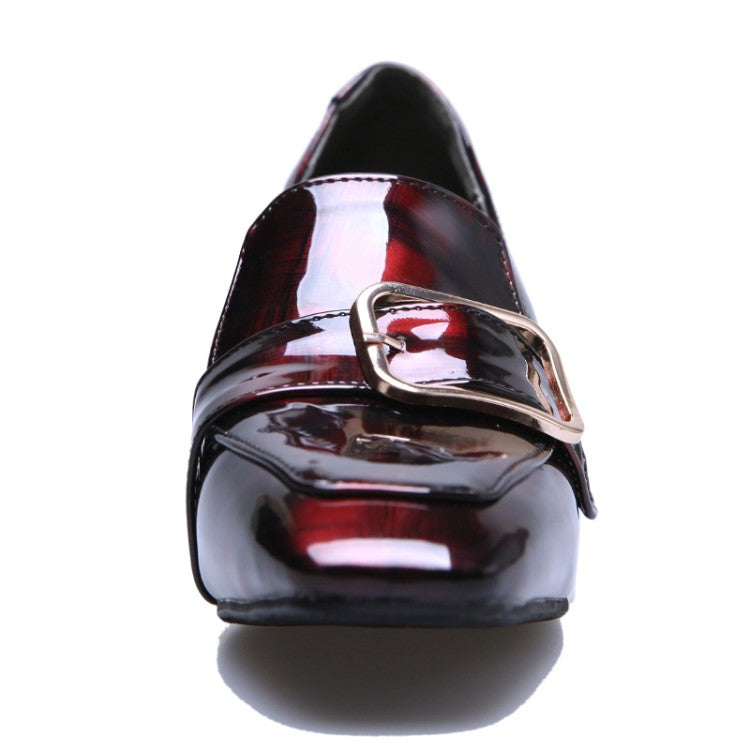 Women Patent Leather Buckle Chunky Heel Pumps