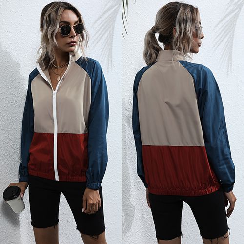 Women Contrast Color Stand-up Collar Jacket Coat