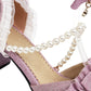 Women Lolita Round Closed Toe Lace Beading Block Heel Sandals
