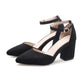 Women Suede Fabric Pointed Toe Ankle Strap Block Heel Sandals