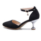 Women High Heels Suede Fabric Pointed Toe Ankle Strap Rhinestone Medium Heel Stiletto Sandals