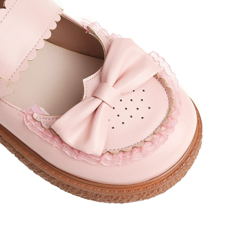 Women Lolita Round Toe Butterfly Knot Shallow Flat Sandals