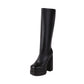 Women Square Toe Side Zippers Chunky Heel Platform Knee High Boots