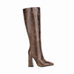 Women Pattern Pu Leather Pointed Toe Side Zippers Block Heel Knee High Boots