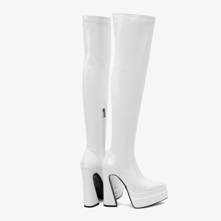 Women Glossy Pointed Toe Side Zippers Chunky Heel Platform Over the Knee Boots