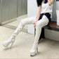 Women Pu Leather Round Toe Rivets Patchwork Stiletto Heel Platform Over the Knee Boots