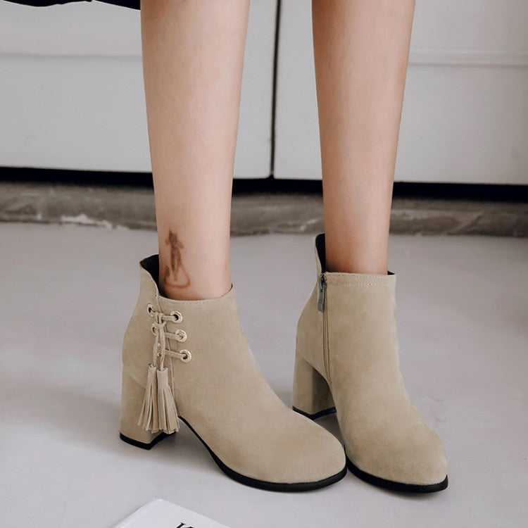 Women Flock Pointed Toe Straps Tassel Block Heel Short Boots