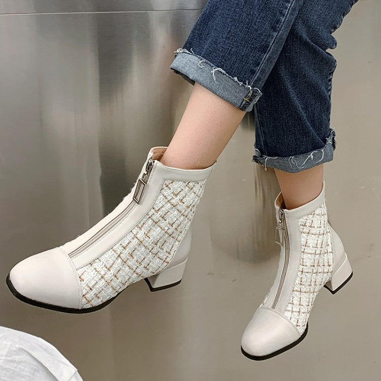Women Pu Leather Lattice Patchwork Zippers Block Heel Short Boots